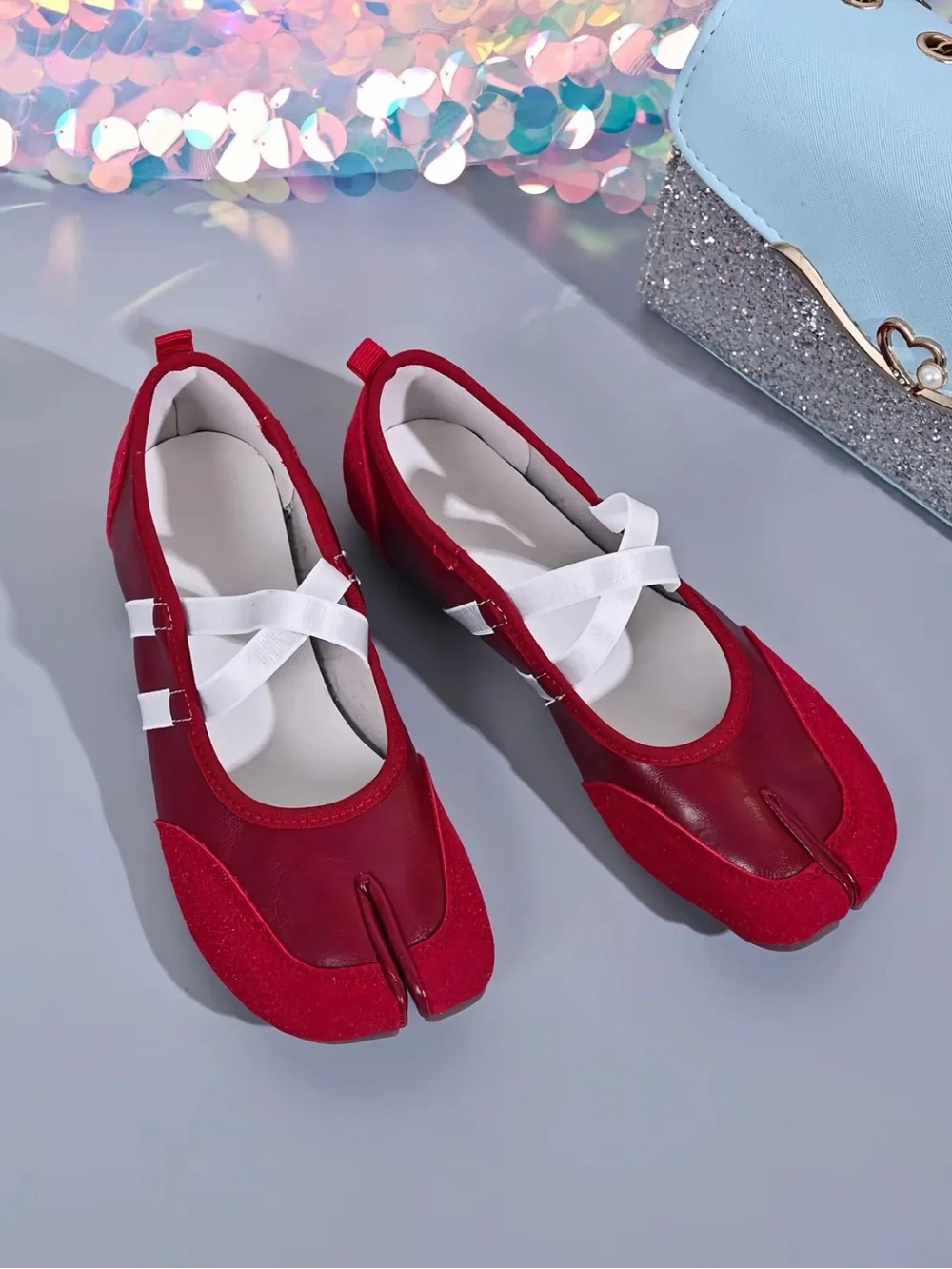 Red Split-Toe Tabi Ballet Flats with Elastic Cross Straps